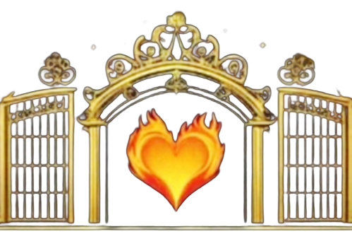 Logo Dom Alchemii przedstawiające Otwartą złotą bramę z płonącym sercem wewnątrz bramy.