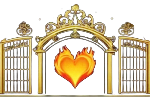 Logo Dom Alchemii przedstawiające Otwartą złotą bramę z płonącym sercem wewnątrz bramy.